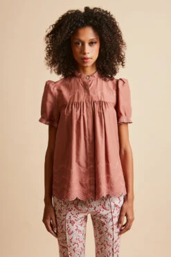 Blouse Brodée à Manches Courtes En Voile De Coton