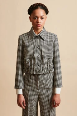 Blouson Court Smocké En Laine Vierge Vichy