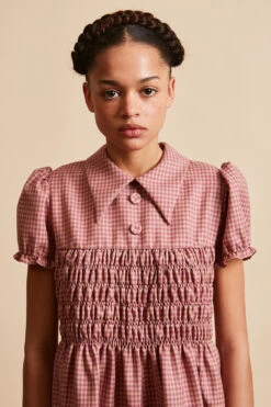 Robe Courte Smockée Au Niveau Du Buste En Laine Vierge Vichy -Élégance Soldes FW23 STIPPI ROUGE 2