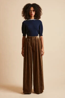 Pantalon Large Taille Haute En Velours Côtelé à Bandes Larges -Élégance Soldes FW23 Salfred 55