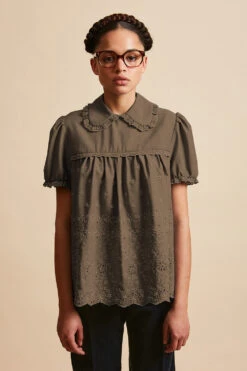 Blouse En Laine Vierge Tropicale Brodée -Élégance Soldes FW23 Scadeau 2 marron