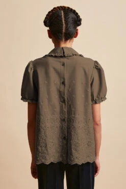 Blouse En Laine Vierge Tropicale Brodée -Élégance Soldes FW23 Scadeau 5 marron