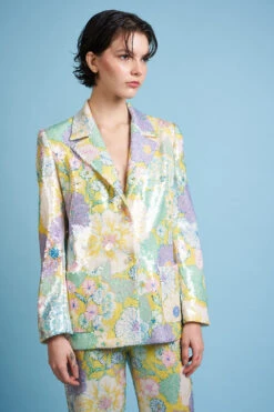 Veste Coupe Droite Au Motif Floral Imprimé Sur Tulle Brodée De Sequins