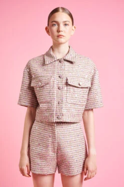 Short Court Taille Haute En Tweed Brodé