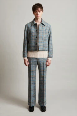 Pantalon Flare à Revers Large En Tartan De Laine Tissé En France