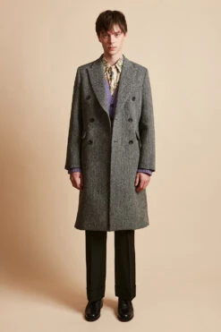 Long Manteau Coupe Droite En Lainage Tweedé Chevron Harris Tweed